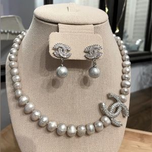 Authentic freshwater gray pearls CC designer earrings & necklace. Chic & classy.